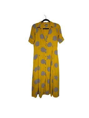 Bombay Paisley Yellow & Gray Polka Dot Maxi Shirt Dress Short Sleeves Sz XS